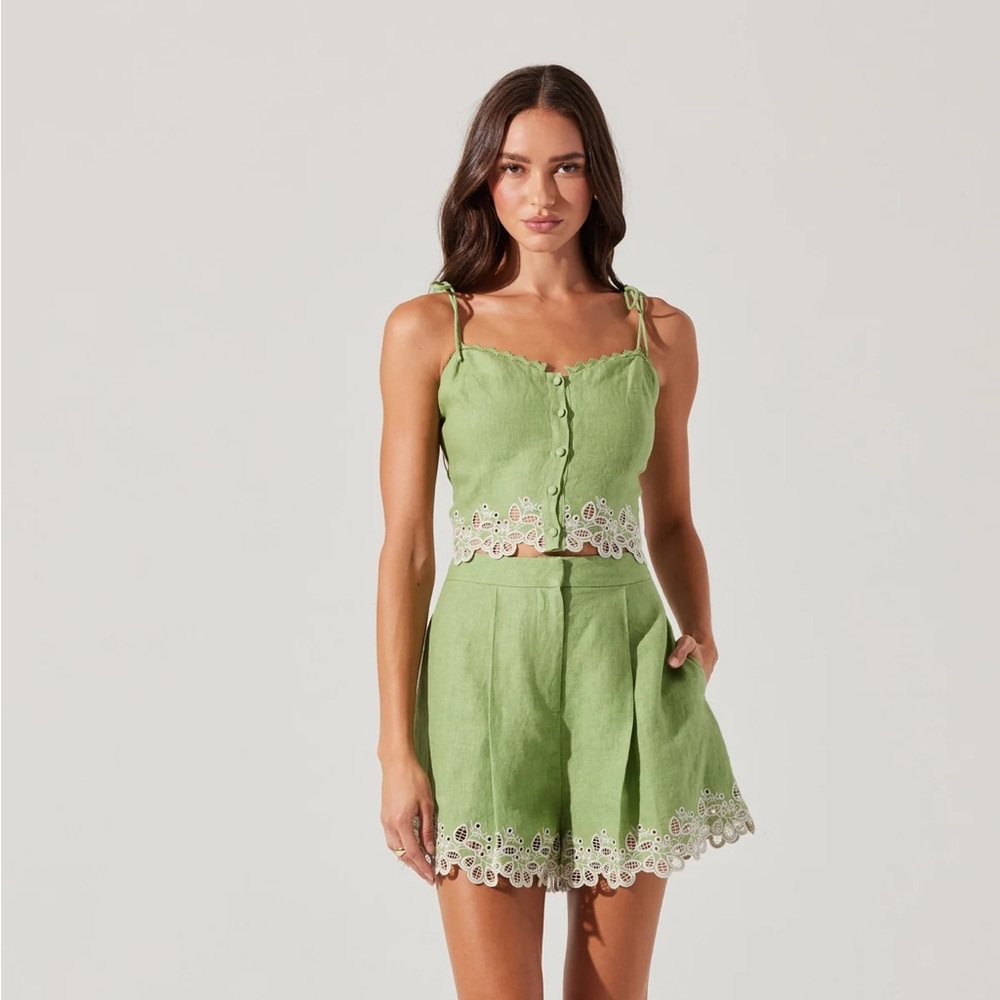 ASTR Green Lace Trim Women's Top & Shorts Set, Size S